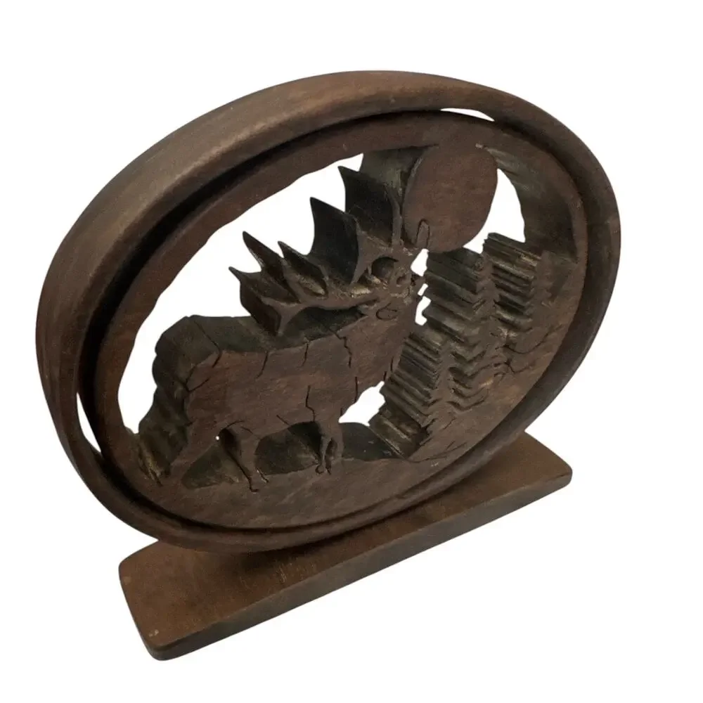 Vintage Scroll Saw Walnut Wood Art Elk in Forest on Stand